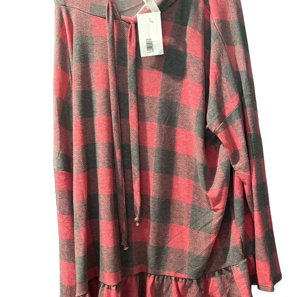 NWT Honeyme Black and Red Buffalo Plaid Top with Hood and Ruffle Bottom